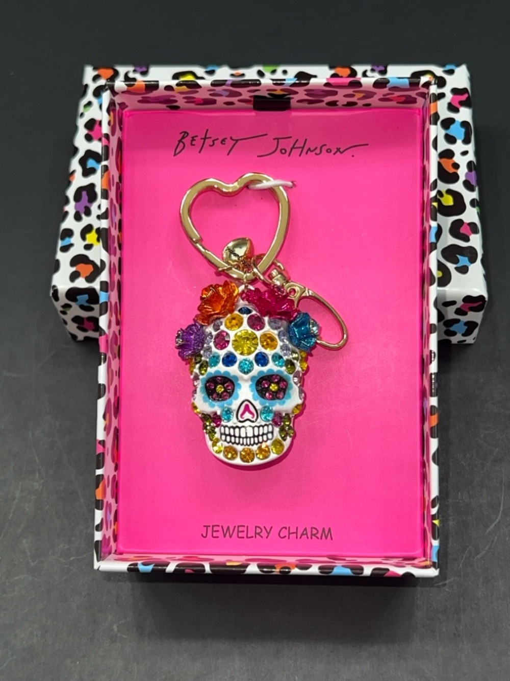NIB Betsey Johnson Gold-Tone Multicolor Rhinestone Sugar Skull Key Charm